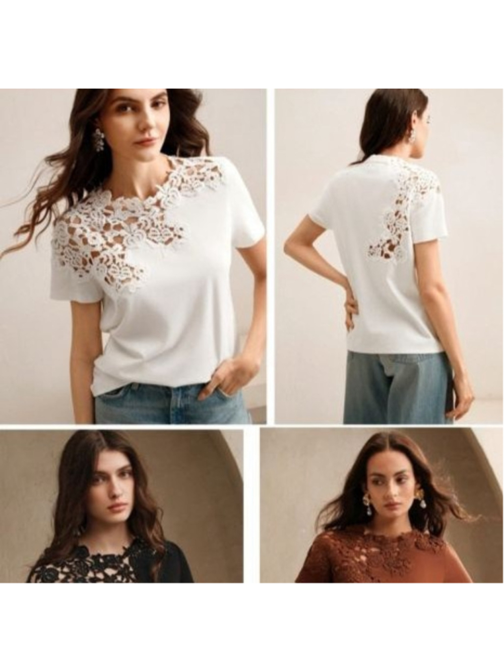 Brand New ANEWSTA Unique White Short Sleeve Tee Lace Detail Cutout XL Quiet Luxe